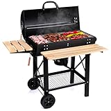 LEHMANN Holzkohlegrill mit Grillrost XL, Grillwagen mit 2 Holzeinlegeböden, Deckel, Rädern und nicht wärmender Griff, Kohlegrill für Garten, Terrasse, Camping