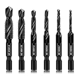 Upgraded 6er-Pack Kombi-Bohr- und Gewindebohrer-Set Metrisch- 6542 M2 HSS Stahl mit Anti-Rost-Beschichtung, M3 M4 M5 M6 M8 M10 Bohr-Gewindebohrer-Senker Bits, 1/4” Hex-Schaft