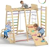 SPYLAVE Groß Klettergerüst, 10 in 1 Klettergerüst Indoor ab 1 Jahr, Montessori Indoor Spielplatz aus Holz mit Rutsche, Schaukel, Kletternetz, Sicher und Stabil Kletterausrüstung, Regenbogenfarben