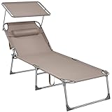 SONGMICS Große Sonnenliege, klappbarer Liegestuhl, 71 x 200 x 38 cm, Belastbarkeit 150 kg, mit Sonnenschutz, Kopfstütze und Verstellbarer Rückenlehne, für Garten Pool Terrasse, Taupe GCB022K01