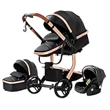 NADDLILY PU-Leder Kinderwagen 3 in 1, Buggy mit Umkehrbarem Zwei-Wege-Schub, Kinderwagen Faltbarem Tragbarem One-Click-Design, Kinderwagen 3 in 1 Komplettset mit Zubehör Hohe Landschaft (518 Black)