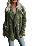 OMZIN Damen Winterjacke Kurz Offen Lange Ärmel Faux Wolle Mantel Mit Taschen Cardigan Jacke Plüsch Oberbekleidung Armeegrün S