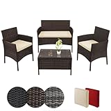 BB Sport Poly Rattan Sitzgruppe 4 Personen Tisch 2 Stühle Sitzbank 5cm Dicke Sitzpolster Balkonmöbel Set Sitzgarnitur Balkon Terrasse Garten Outdoor, Farbe:Schwarz-Braun meliert/Sandstrand