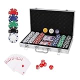 homeguru Pokerset inkl. 2X Pokerdecks, 5X Würfel, Dealer/Small Blind/Big Blind Button, Pokerspiel Alu Pokerkoffer mit 300 Chips Laser Pokerchips Set, Kartenspiele Aluminium Kasino Silber