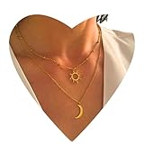 NataschaWoge® SONNE MOND minimalistischer Schmuck EDELSTAHL Gold Silber Kette Halskette + Anhänger Geschenk für Sie Hollow Sun Goldkette (Gold Halskette)