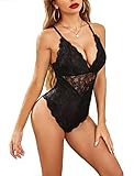 Lucyme Damen Reizwäsche Sexy Body Dessous Spitze Bodysuit Tiefer V-Ausschnitt Erotische Lingerie Negligee Babydoll Unterwäsche S Schwarz