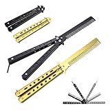 2 Stück Schmetterlings-Kamm Butterfly Kamm Edelstahl für Anfänger Faltbarer Taschenkamm Trainings Kamm Klappkamm Praxis für Haar (Schwarz+Gold)