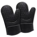 Ofenhandschuhe Topfhandschuhe Silikon - Anti-Rutsch Hitzebeständige Silikon und Flexibilität Baumwolle, 30cm Lange Backhandschuhe Kochhandschuhe für Kochen Backen Grillen (Schwarz)