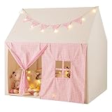 GOPLUS Kinderspielzelt, Spielzelt mit gepolsterter Matte, Sternenlichtern & Karierten Wimpeln, Spielhaus für drinnen & draußen mit Fenstern, Türen & Seitentaschen für Kinder ab 3 Jahren (Rosa)