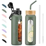 BLUEGO Trinkflasche Glas 700ml Sport Wasserflasche mit 2 Deckeln und Strohhalm Auslaufsichere Glasflasche mit Zeitmarkierung und Messskala BPA frei, Oliver