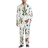 MGDIFYXAA Herren Weiß Zweiteiliger Schlafanzug Set Baumwolle Polybaumwolle, Weich Bequem Einfache Pflanzen Langarm Oberteile & Schlafanzughose Mit Taschen Pyjama M
