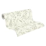 A.S. Création Vliestapete 10,05 m x 0,53 m mit strukturiertem Blütenmuster - Grün, Silber, Weiß - florale Tapete mit Metallic-Akzenten Made in Germany - 373635