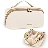 Prite Große Kapazität Kosmetiktasche Tragbare Reise Make Up Tasche wasserdichte PU-Leder Schminktasche oder Kulturbeutel mit Transparente Trenner und Griff(Beige L)