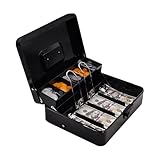 Sichere abschließbare Geldkassette mit Schlüsselschloss & Geldablage – Robuste Stahl-Kassensafe für die Aufbewahrung von Münzen und Rechnungen, Organizer für kleine Unternehmen, Zuhause, Büro (Schwarz