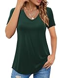 Beluring Longshirt Damen Sommer Kurzarm V-Ausschnitt Oberteile Geschwungener Saum Tops Dunkelgrün XL