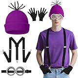 4 Stück Lila Halloween Kostüme Erwachsene Kinder, Lila Beanie Mützen Steampunk Brille Schwarze Handschuhe Hosenträger Schwarz, Film Kostüme Zubehör für Halloween Karneval Party Mottoparty Cosplay