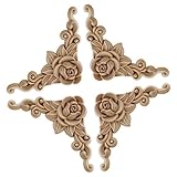 FACULX 4 Stück Holzschnitzleisten Applikation Eckaufkleber Onlay Holzverzierungen für Handwerk Möbel Zuhause handgefertigte Tür Schrank Möbel Rose unlackierte Skulpturen