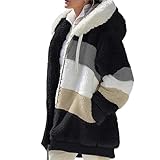 Fleecejacke Damen Winterjacke Freizeit Fleecepullover Farbblock Teddyjacke Frauen Übergangsjacke Strickjacken Langarm Teddy Jacke Reißverschluss Casual Warme Plüschjacke Sweatjacke Outdoor
