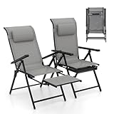 COSTWAY 2er Set Gartenstühle mit ausziehbarer Fußstütze, Hochlehner Klappstühle mit 10-fach verstellbarer Rückenlehne & Kopfstütze, Balkonstühle, klappbare Terrassenstühle für Garten, Balkon, Terrasse