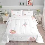 Syhi Qlty Bettdecke 200x200 Mädchen Bettdecke 200x200cm 4 Jahreszeiten Ganzjahresdecke schmücken Weiß Bettdecke Ohne Bezug - Leichte Wende-Steppdecke Schlafdecke + 2 Kissenbezüge 80x80cm BK296