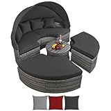 Montafox Poly Rattan Sonneninsel Ø 180 cm Groß Lounge Muschel Grau Sonnendach Faltbar Klappbar 10cm Dicke Auflagen Zierkissen Garteninsel Terrasse Garten, Farbe:Nachtschwärmergrau