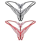 Damen Spitze Sexy Tanga,2 Stück Offener Slip,Sexy Unterwäsche Für Frau Erotisch,Niedrige Taille,Offener Schritt,V-String,G-String,Tangas,Schmetterlingsunterwäsche mit Offenem Schritt (Schwarz, Rot)