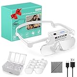 NZQXJXZ Kopf Lupe mit Licht, wiederaufladbare lupenbrille mit licht LEDs einstellbare Helligkeit für Enge Arbeit austauschbare Linsen 1,5X 2,5X 3,5X 5X für Juwelier Lupe, Kunst und Handwerk, Hobby