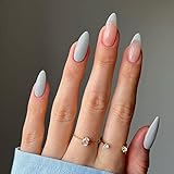 JUSTOTRY 24 Stück Grau Mandel Nägel Zum Aufkleben Kurz,Einfarbig Press on Nails Aesthetic,Glossy Oval Kunstnägel Fake Nails Mittel mit Kleber,French Fingernägel Künstliche Nägel für Frauen