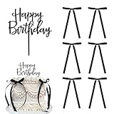 Kinretixia 6 Stück Kuchendekoration mit Schleife und Band mit Happy Birthday Schild, Coquette Motto Party, schwarzer Vintage Kuchenaufsatz für Herzkuchen, Vintage Kuchen