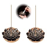 2 Stück Räucherstäbchen Halter, Lotus Incense Holder mit Rattan Untersetzer und Bürste, 6 Loch Räucherstäbchenhalter für Meditation Yoga Wohnzimmer Dekoration