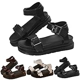 Flache Sandalen für Damen, Sommer, leicht, breite Passform, verstellbare Schnalle, bequeme Fußgewölbeunterstützung, dicke Sohle, Urlaub, Wandern, offene Zehen, dicke Unterseite, Schwarz , 39.5 EU