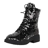 LUXMAX Damen Stiefeletten mit Pailletten, Glitzer, klobig, zum Schnüren, Schwarz , 39.5 EU