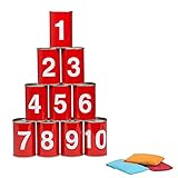 Idena 40189 - Spiel-Set Dosenwerfen mit 10 nummerierten Metall-Dosen und 3 Sand-Säckchen, Wurf- und Geschicklichkeits-Spiel für Geburtstagsfeiern, im Garten oder Park