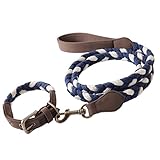 HonestBaby Pet Dogs Hundehalsband, veganes Wildleder, geflochten, Baumwollseil, Marineblau/Elfenbein, Größe XXS