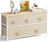 Pipishell Kommode Schmal Schrank mit 5 Schubladen aus Stoff, praktische Aufbewahrungskommode, Ordnungsmöbel für Schlafzimmer, Kinderzimmer, Wohnungseingang, Flur, Beige