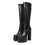 VERISSON Plateau Stiefel Blockabsatz Langschaft Kniehohe High Heels Boots Eckige Zehen mit Reißverschluss Reptiloptik Schwarz 45 EU