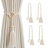 Vorhang Raffhalter,Guador 4 Stück Raffhalter Für Vorhänge Aus Holz,Boho Raffhalter,Drapierte Raffhalter Baumwollseil,Gardinen Raffhalter Heimdekoration,Beige Holdbacks Halter