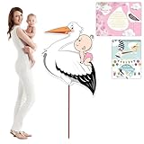 158cm Klapperstorch Set zur Geburt Baby Storch aus Holz mit Babyrassel Storky Doppeldruck für Drinnen und Draußen (Rosa)