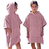 CalmyBEACH Frottee Badeponcho Kinder Mädchen - Jungen Surf Poncho 100% Baumwolle Strandponcho Handtuch mit Kapuze Umziehhilfe Surfponcho Bademantel (Alter 6-9, Altrose)