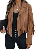 Bibowa Kunstlederjacken für Damen, trendige Herbstjacke mit Westernfransen, Cropped-Jacke 2025, Quaste, Hellbraun, Large