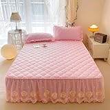 ANAZOZ Bettlaken 150x200 mit Gummi, Spannbetttücher aus Polybaumwolle Rosa mit Bestickter Spitze, mit 2 Kissenbezügen