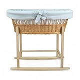 Wiklinopol Stubenwagen OLIWIA II – Baby Moseskorb mit Schaukelwiege aus Naturweide – Komplettset mit Grauer Musselin Bettwäsche, Matratze & Bezug – atmungsaktiv, waschbar & hypoallergen