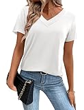 Amoretu Tunika Damen Kurzarm Elegant Tshirt Lässig V Ausschnitt Bluse Tops Weiß M