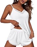 Ekouaer Negligee Sexy Schlafanzug Damen Pyjama Set Kurz Nachtwäsche Ärmellos Top und Shorts mit Spaghettiträger Shorty, Weiß, S