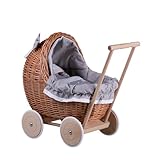 e-wicker24 Puppenwagen aus Weide mit Bettwäsche perfekte Geschenkidee Korbpuppenwagen schöner Spielzeug aus Korbgeflecht Korbwagen für Puppen Spielzeug für Mädchen (Grau1)