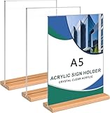 3 Stück Tischaufsteller A5 Holz, Preisschilder Aufsteller mit Holzfuß Doppelseitiger Vertikaler Tischaufsteller Ständer Menükartenhalter Acryl T-Ständer für Prospekte Menükarte Werbung Fotorahmen