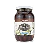 ARISTOS Original Griechische Kalamata Oliven mit Stein aus eigenem Anbau – 1x 650 g Glas (Abtropfgewicht) leckere im Hausrezept eingelegte Kalamon Oliven ungeschwärzt