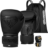 EVO Maya Hide Leder-Boxhandschuhe für MMA-Boxsack, Sparring, Muay Thai, Kickboxen, Kampftraining, inkl. Handbandagen, Schwarz/Diamant, matt, 284 g (Schwarz, 10 OZ)