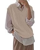 Tongmingyun Pullunder Damen Ärmellos V-Ausschnitt Strickweste Oversize Pullover Strickpullover Strickpulli Casual Damen Herbst Pullover Mode Feinstrick Strickweste Beige L