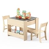 Puecrof 4-in-1 Kinderschreibtisch mit 2 Stühlen – Aktivitätstisch aus Birkenholz mit umkehrbarer Whiteboard- und Kreidetafel, 3 Aufbewahrungsfächern für Kinder zum Malen, Lesen und Basteln